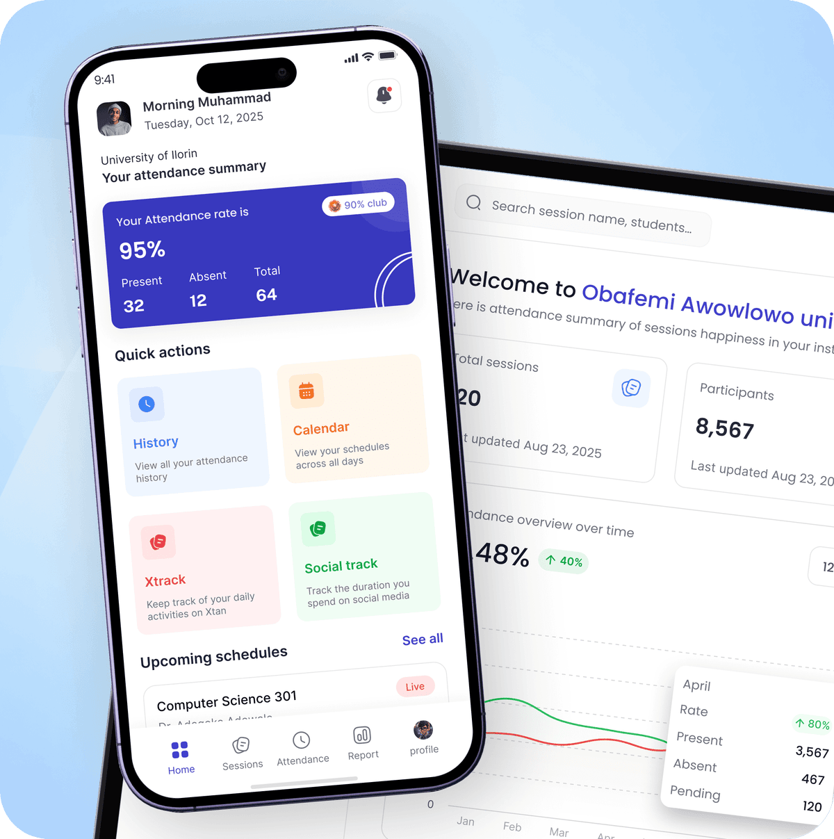 Xtan app dashboard and mobile screen